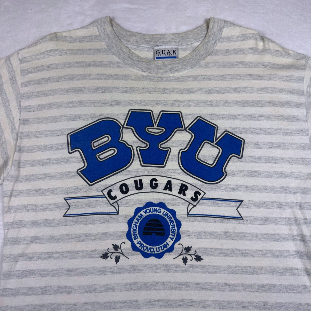Vintage Gear For Sports BYU Cougars Striped T-Shirt Mens Medium Oversized RARE